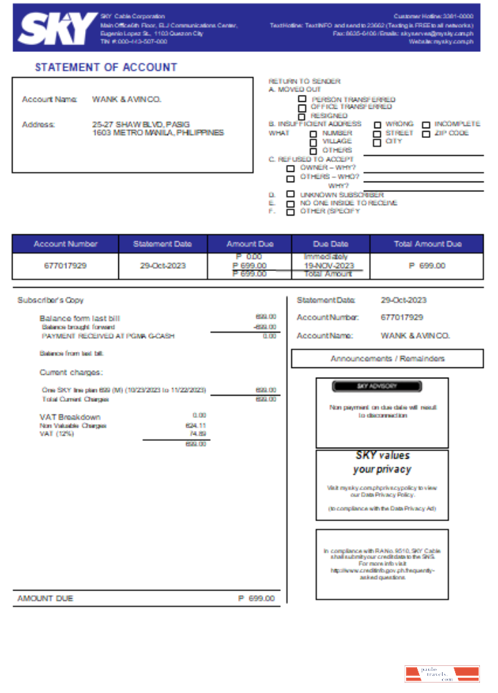 Sky Cable Corporation utility business bill, SCR PSD template